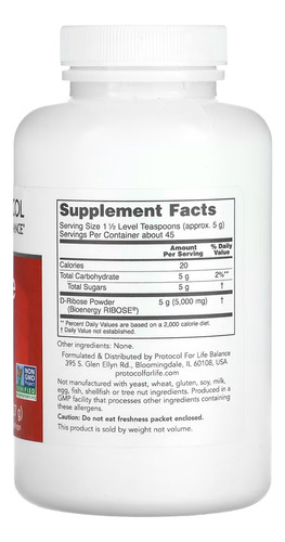 D-ribose Em Pó Protocol 227 G Puro + Porta Cápsulas Sabor N/a