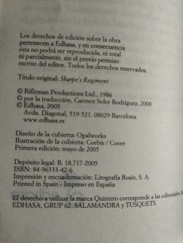Sharpe Y Su Regimiento Bernard Cornwell Libroq (Usado)