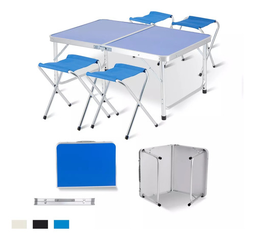 Mesa Plegable Tipo Portafolio 1.20 M Con 4 Sillas Portátiles Azul