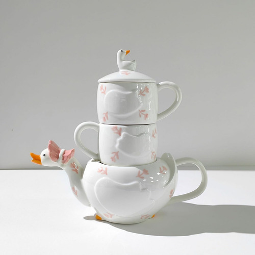 Tetera De Cerámica De Madre Pato Con Juego De 2 Tazas De Té,