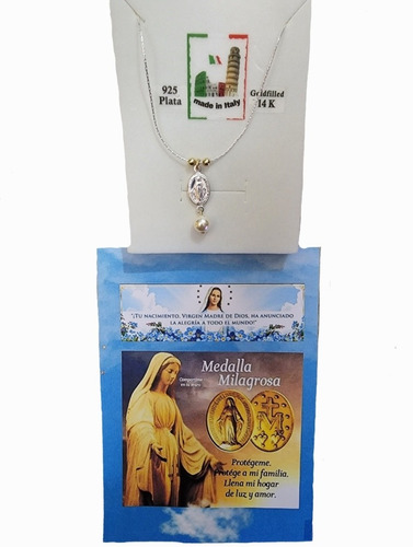 Colgante Medalla Virgen De Los Rayos + Perla 6mm Plata Y Oro