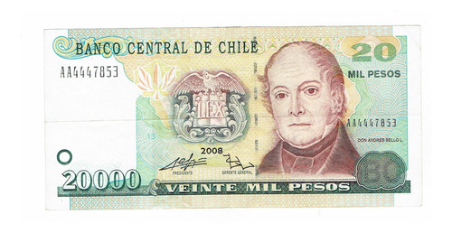 Billete De Chile, 20000 Pesos, 2008, Papel. Aunc. Jp