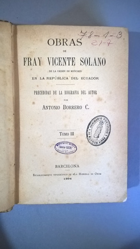 Obras De Fray Vicente Solano República Del Ecuador Iii