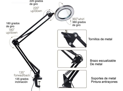 Imagen 4 de 8 de Lampara Lupa 5x De Escritorio Tipo Prensa.