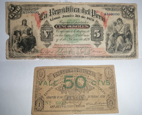 Billete De 5 Soles Del Año 1879 Guerra Del Pacífico..!