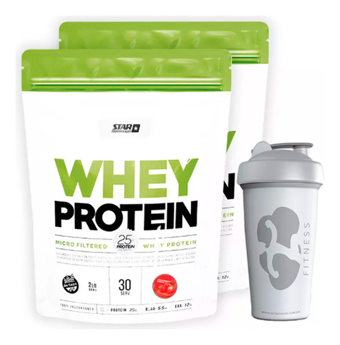 Star Nutrition Whey Protein Proteínas Sabor Frutilla 908g Pack X2 + Shaker 600 Ml