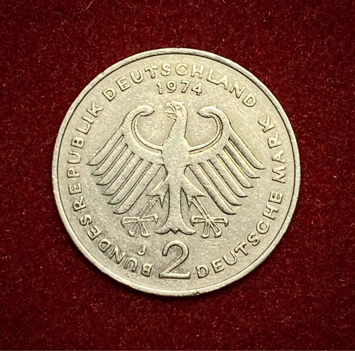 Moneda 2 Marcos Alemania 1974 Km A127 Theodor Heuss Hamburgo