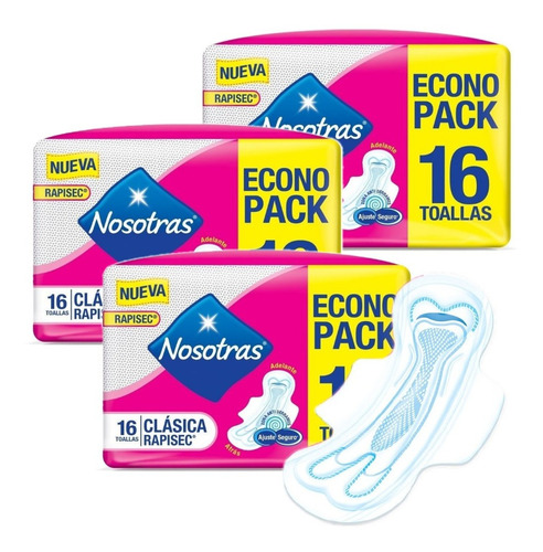 Toallitas Femeninas Nosotras Clasica Tela Gel 3 Ecopacks X16