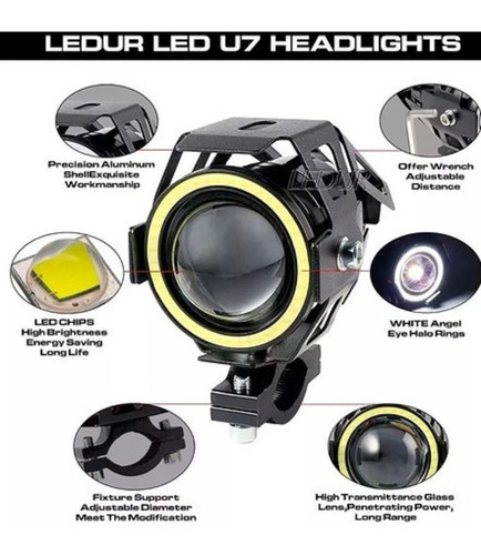 Imagen 8 de 9 de Par De Faro Auxiliar U7 Led Para Moto-cuatri Con Ojo Angel