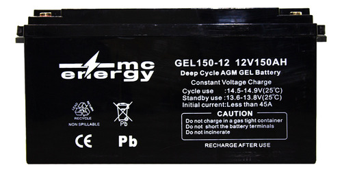 Bateria De Gel 12v 150ah Mc Energy Agm Ciclo Profundo