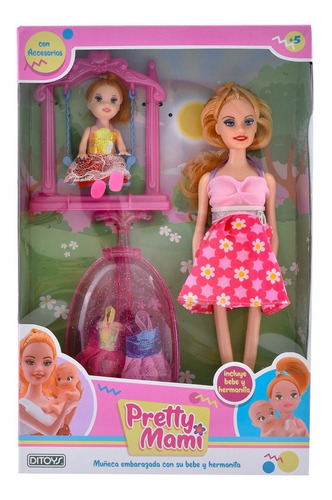 Pretty Mami Doll Set C/hermanita Cochesito Y Mas Ditoys 2314
