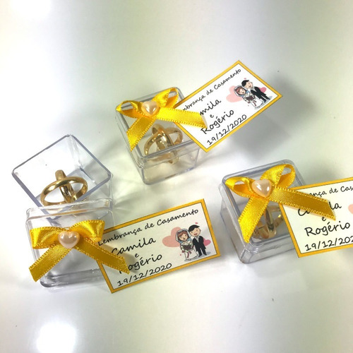 Lembrancinha Casamento Caixinha Alianças Amarelo Ouro 50 Und