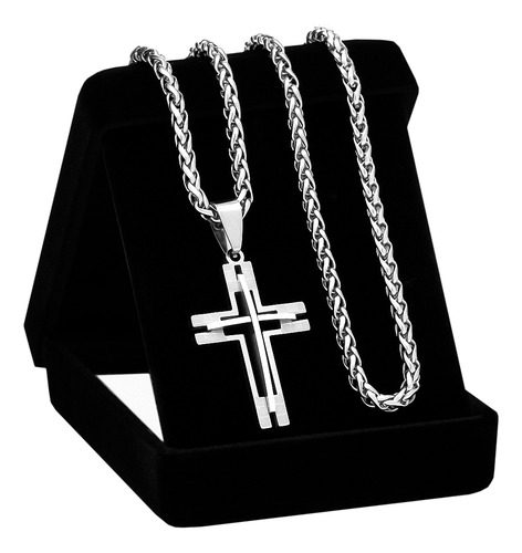 Corrente Cordão Masculino Prata J-1365 Cruz Aço Inox 316l