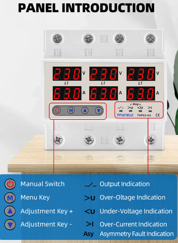 Protector De Tension Trifasico 63a Voltímetro Amperímetro