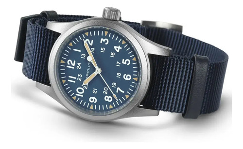 Reloj Hamilton Khaki Field Mechanical H69439940 Correa Azul Bisel Plateado Fondo Azul