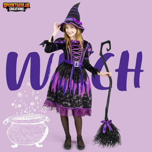 Disfraz De Bruja Púrpura Para Niña De Halloween Con Murciéla