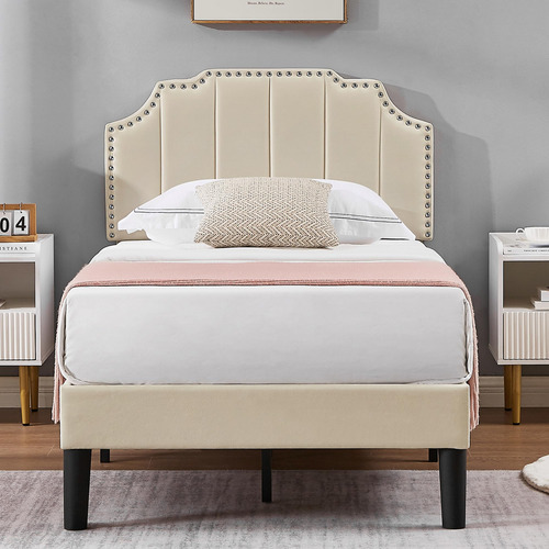 Base De Cama Tapizada Individual Con Cabecera Ajustable Beig