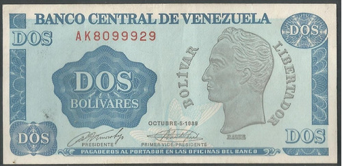 Venezuela 2 Bolivar 5 Oct 1989 Serie Ak 7 Dig P69