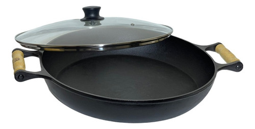 Frigideira Paella Ferro Fundido Com Tampa De Vidro 36 Cm Lib Cor Preto