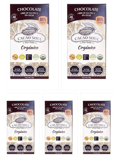 Pack 5 Chocolate 85% 100g Orgánico Cacao Soul S/gluten S/lec