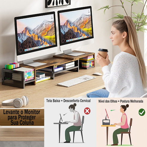 Suporte Monitor Base Informática Prateleira Setup Extensível Marrom