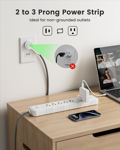 LENCENT Multicontacto Regleta Eléctrica con Protección Contra Sobretensión 1050J,6 Salidas, 3 USB y 1 Tipo C,45° Enchufe Plano Extensión Pared para Hogar Oficina Dorm