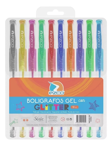 Boligrafos Gel Con Glitter X10 Ezco