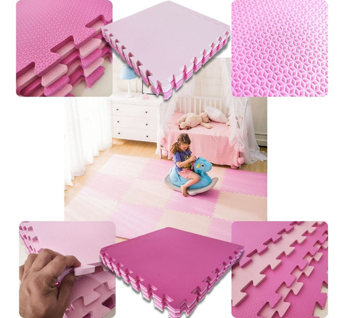 Kit 8 Tapete Infantil Emborrachado Eva 50x50 2m² Menina Rosa Cor Rosa Bebê e Rosa Pink Textura