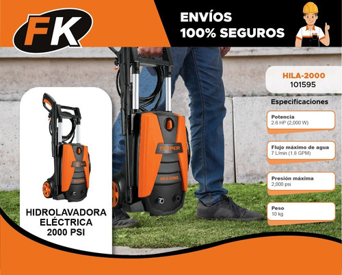 Imagen 4 de 5 de Hidrolavadora eléctrica Truper HILA-2000 naranja/negro de 2.6hp con 2000psi de presión máxima 127V - 60Hz