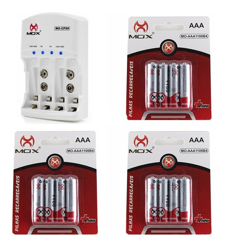 12 Pilhas Recarregáveis Mox Aaa 1000mah + Carregador Rápido