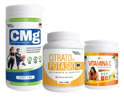 Trio Promo Citrato De Potasio 1 Kg+vit C 500 G+citrato Mg1kg