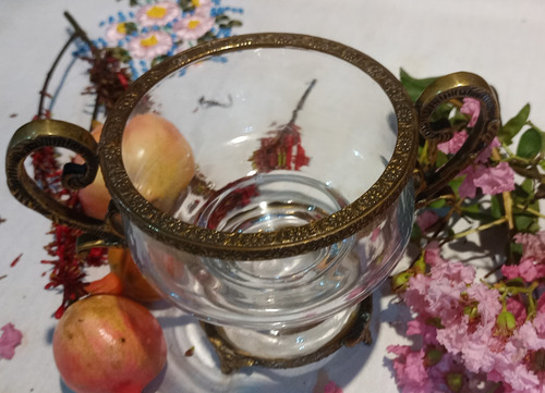 Antiguo Centro De Mesa Cristal Y Bronce Impecable N490 (Usado)