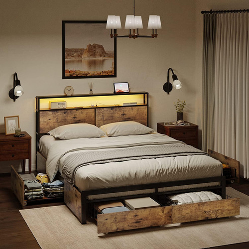 Base Cama Queen Size Cabecera Puertos Usb Luces Led