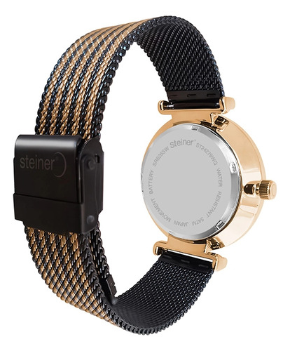 Reloj Para Mujer Análogo Steiner 40 Mm Diseño Tejido 3 Atm Correa Negro Bisel Dorado Fondo Blanco