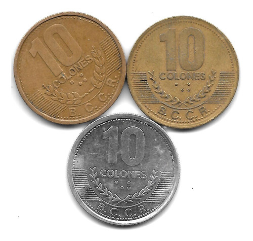 Costa Rica Lote 3 Monedas De 10 Colones De Diferentes Años