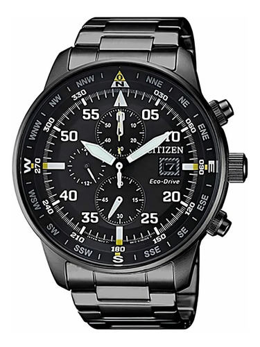 Relógio de pulso Citizen EcoDrive CA069 com corpo preto,  analógico, para masculino, fundo  preto, com correia de aço inoxidável cor preto, agulhas cor branco e verde, subdials de cor verde e amarelo e branco, subesferas cor preto, ponteiro de minutos/segundos branco, bisel cor preto e dobrável