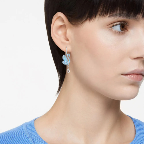 Aretes Swarovski Iconic Swan Cisne Azules Bano Rodio