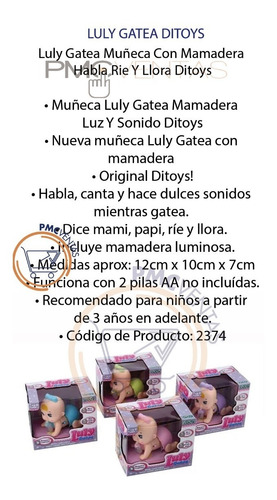 Imagen 4 de 5 de Luly Gatea Muñeca Con Mamadera Habla Rie Y Llora Ditoys