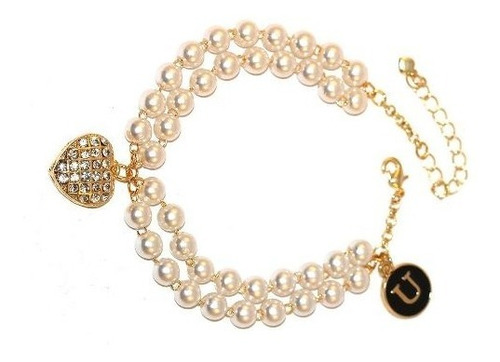 Pulseira Perolas Coração Madrinhas Folheado A Ouro 18k