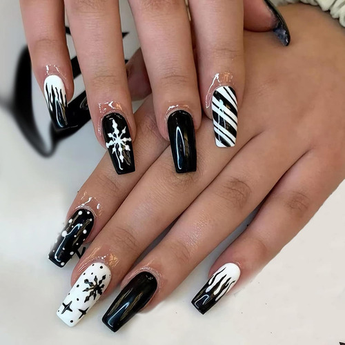 Coffin Press On Nails Long Christmas Uñas Uñas Negras Cubier