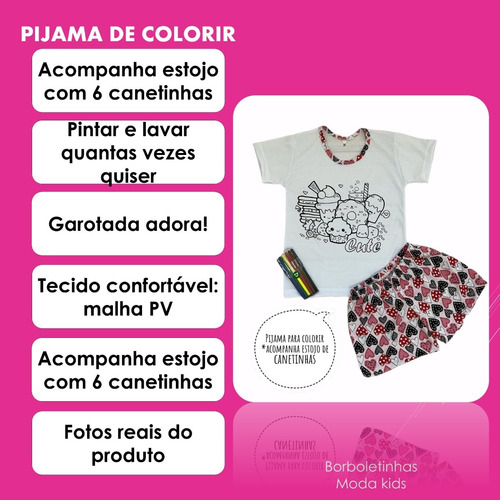 Imagem 3 de 8 de Pijama Infantil De Colorir Canetinha Presente Para Menina