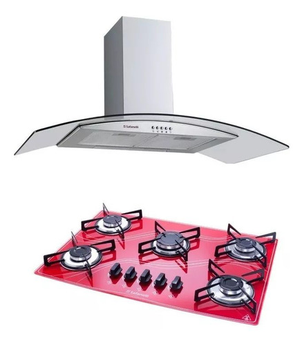 Kit Coifa Gourmet 90cm E Cooktop 5q Vermelho Safanelli