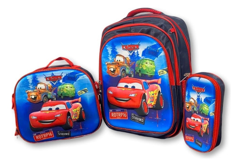 Mochila Cars - 3 Pcs - Mochila + Lonchera+ Lapicera Con Compartimiento Para Carrito