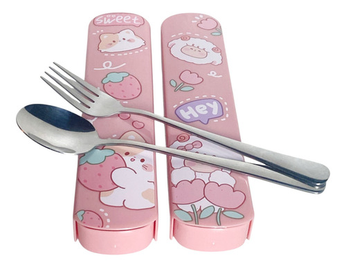 2 Set Cubiertos + Porta Cubierto Tenedor Cuchara Acero Inox Rosa 1