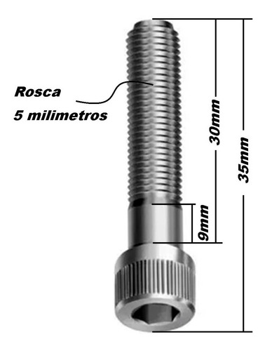 Imagem 2 de 4 de Kit 10 Parafuso Allen Inox + Porca + Arruela 5mm X 35mm