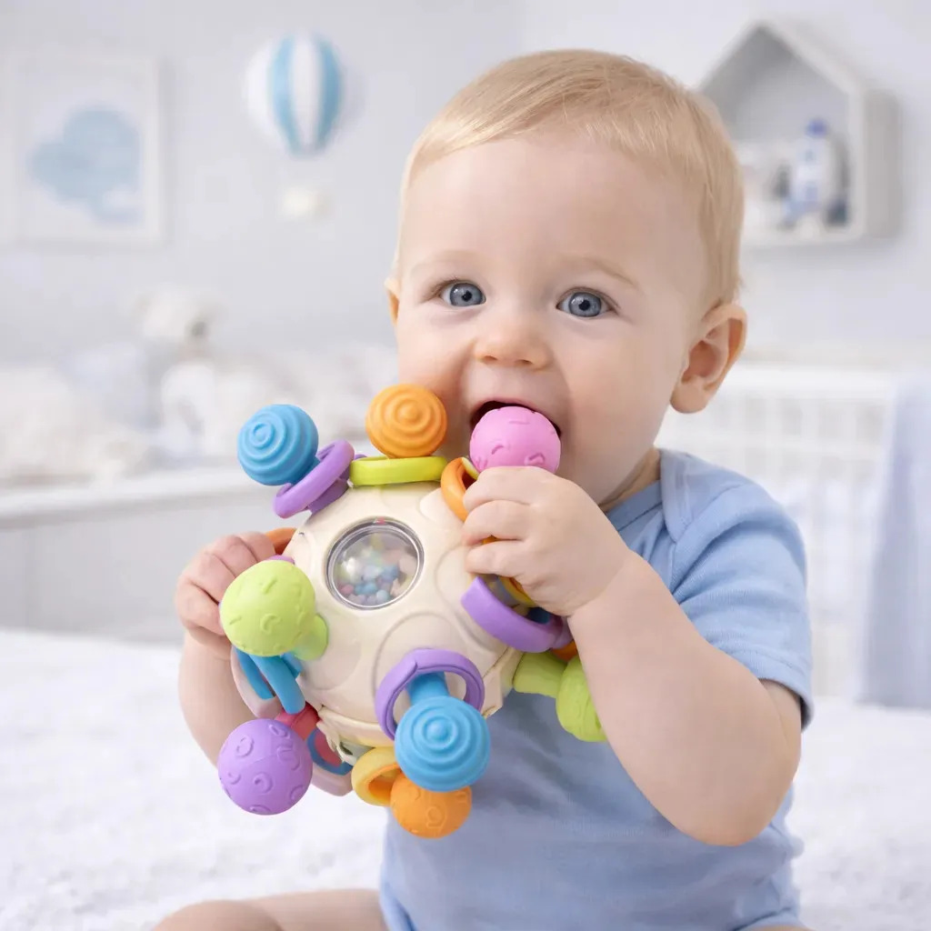 Bola Chocalho Manhattan Mordedor Sensorial Interativo 360° Brinquedo Educativo Bebê Alívio Dentição Branco Ligeiro