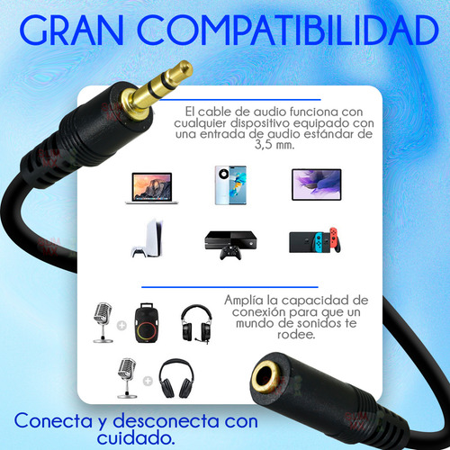 Extensión Cable Auxiliar 1.5m Jack 3.5mm Audio Macho Hembra