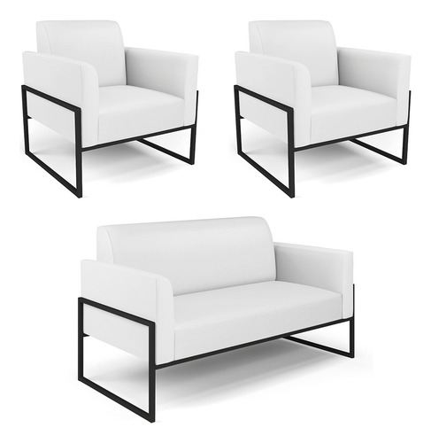 Sofá C/ 2 Poltronas Base Industrial Marisa Corino Branco