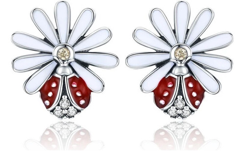 Aretes En Plata Para Mujer Niñas Diseño De Mariquita Flores 