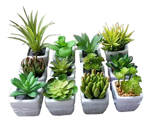 Kit Com 6 Plantas Mini Suculentas Artificiais Vaso Cerâmica